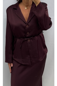 Satijn-look blazer met knoopjes en koord aubergine