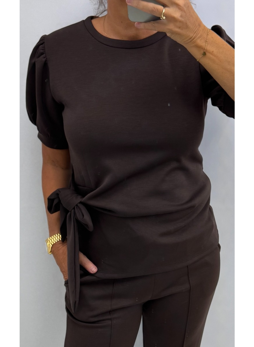 Sweatshirt met knoop aan de onderzijde Marleen puur bruin. swd