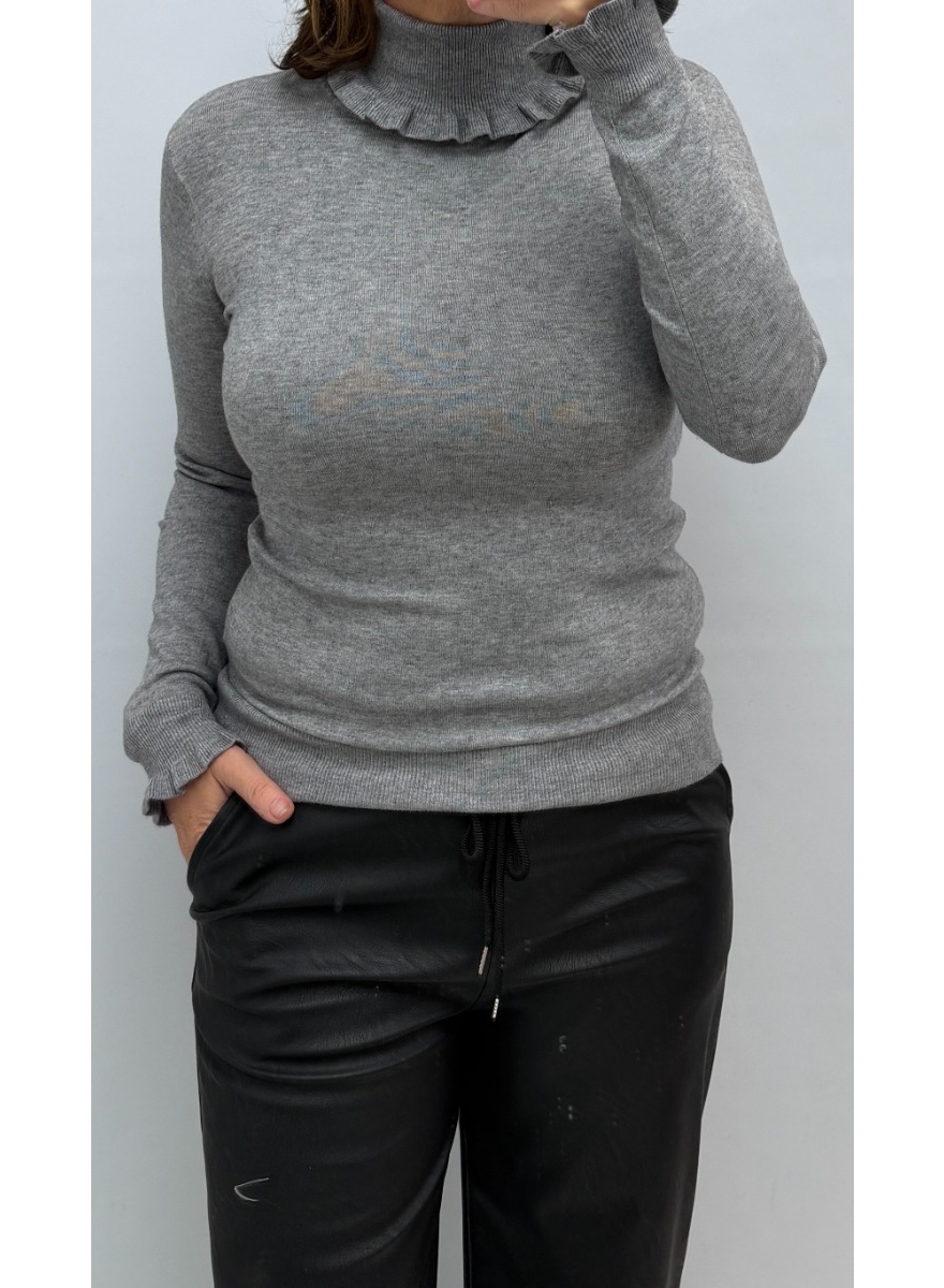 Trui met froezel aan de coll en mouw grijs (X629)
