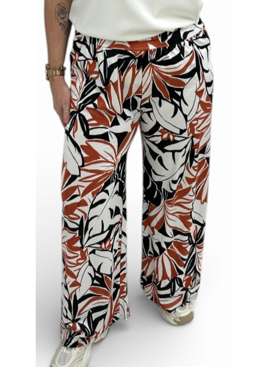 Broek met rechte broekspijp in travelstof abstract blad brick CASD