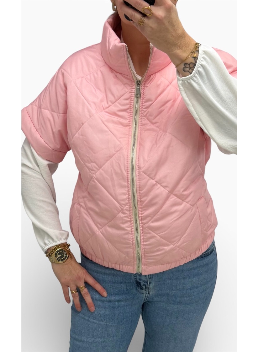 Bodywarmer met ruit en ZILVEREN rits roze