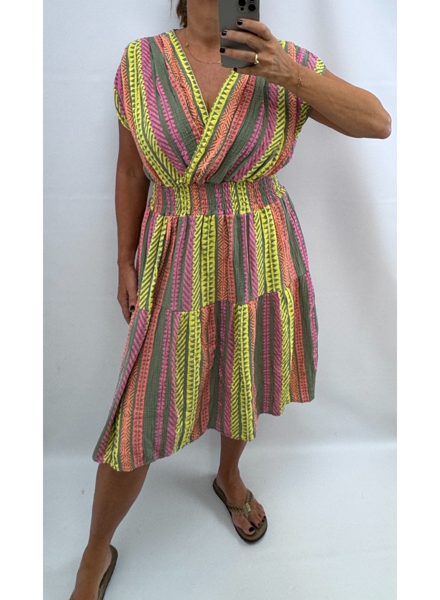 MIDI jurk met smock in de taille Sanna aztec army