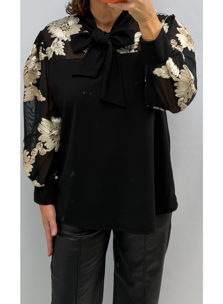 Blouse met bloemen mesh mouw en STRIK goud/zwart