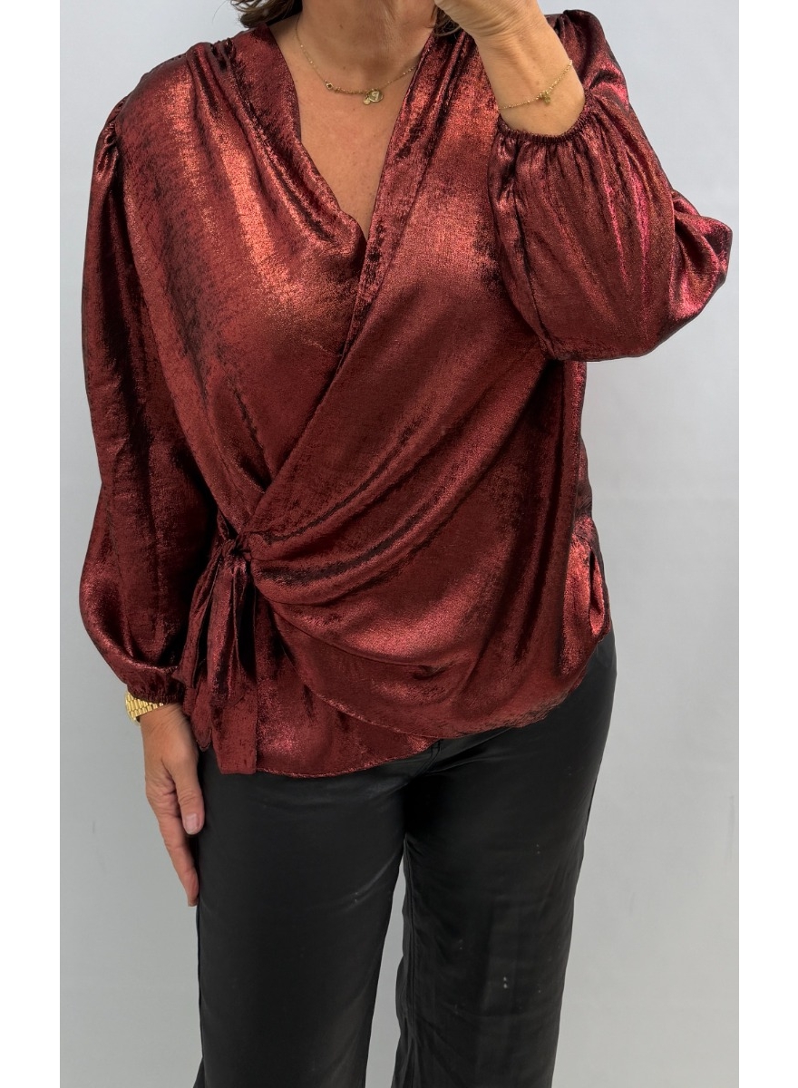 Blouse met glanseffect en overslag Pierette bordeaux 