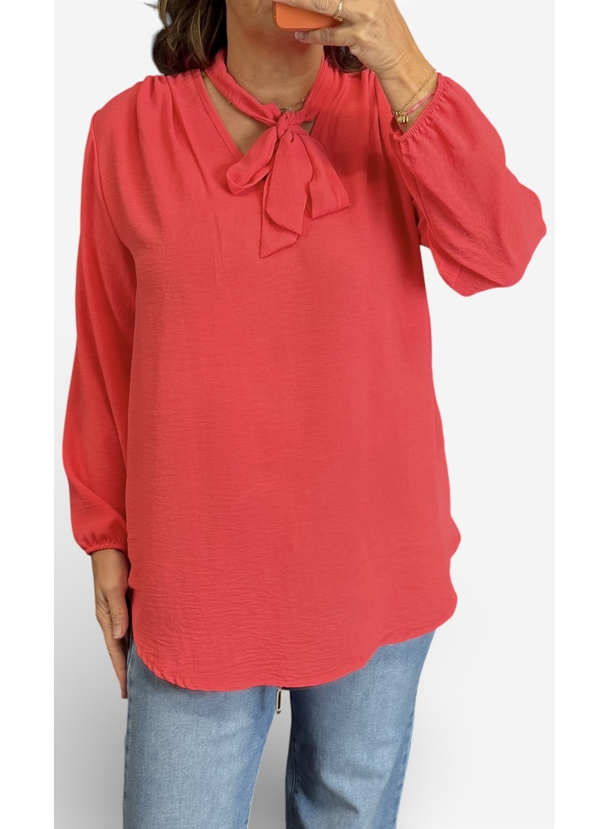 Blouse met strik in de hals Doris uni koraal