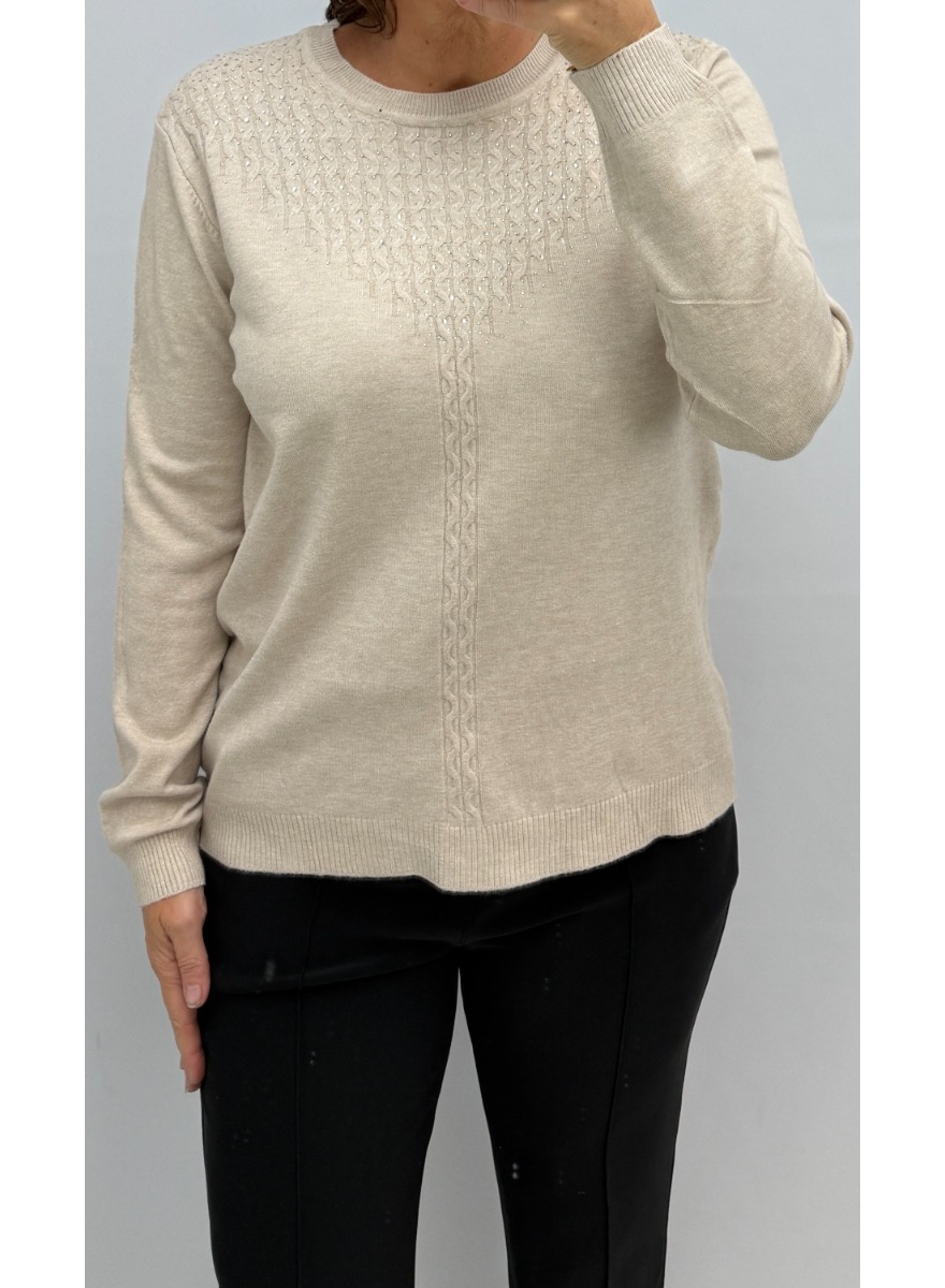 Trui met kabel detail en strass steentjes beige (LC-9230) SALE
