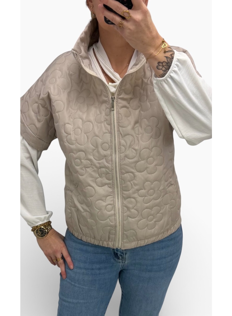 Bodywarmer met bloemen motief beige
