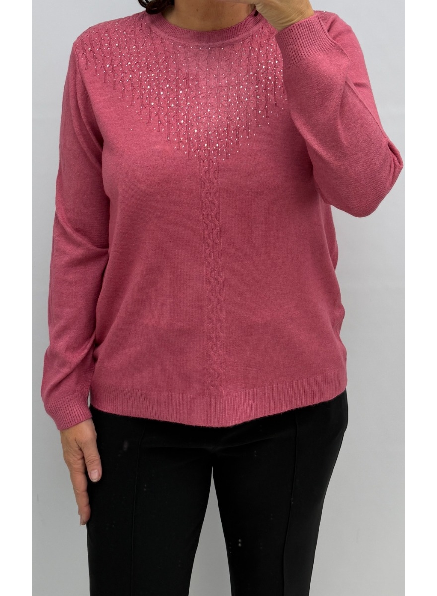 Trui met kabel detail en strass steentjes donker roze (LC-9230) SALE