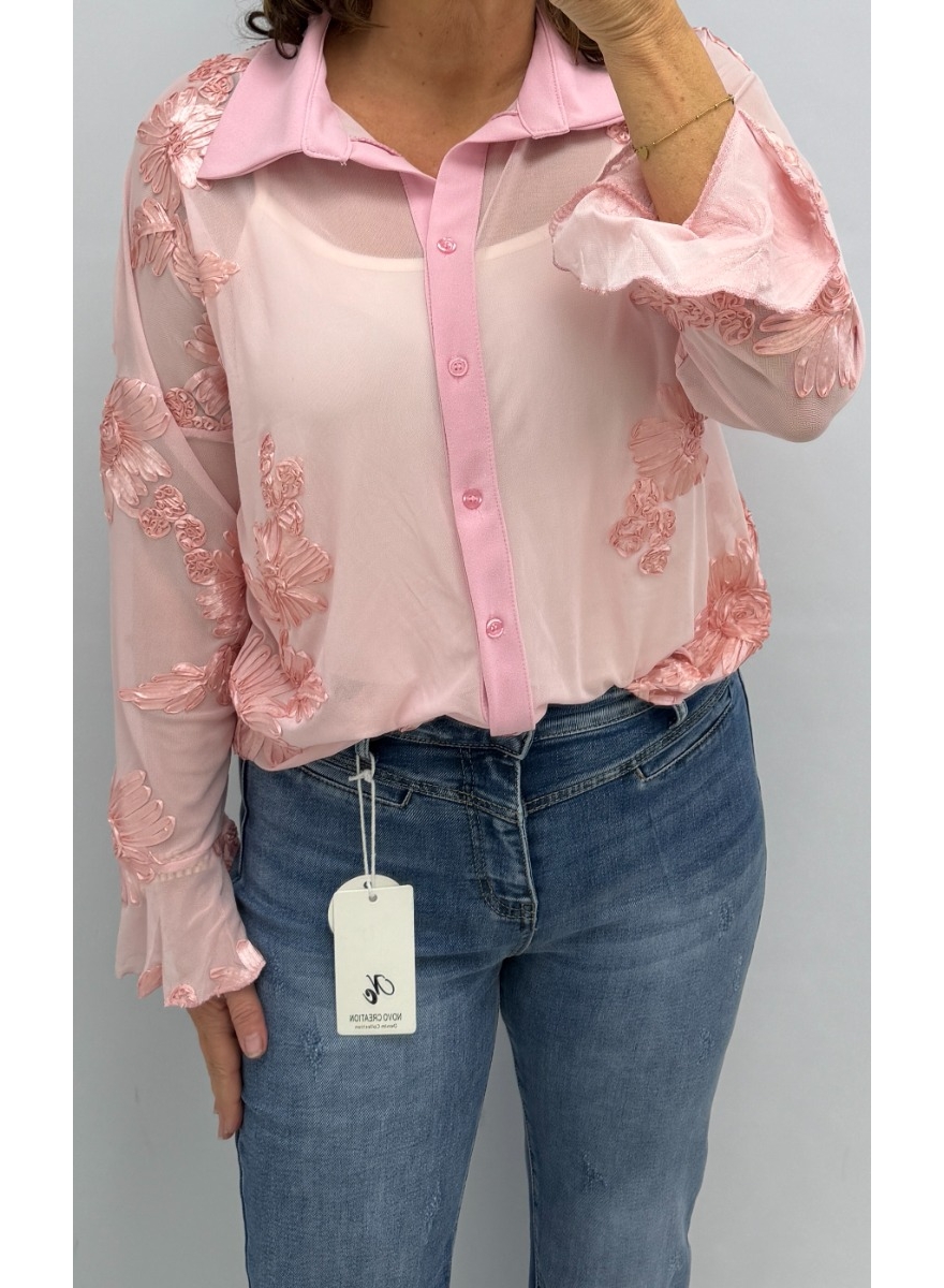 Mesh blouse met KRAAG en bloemen roze