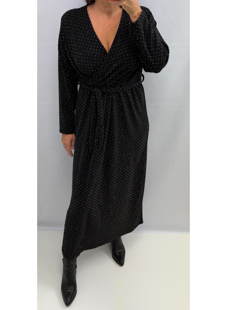 Lange jurk met overslag en strass stenen zwart 