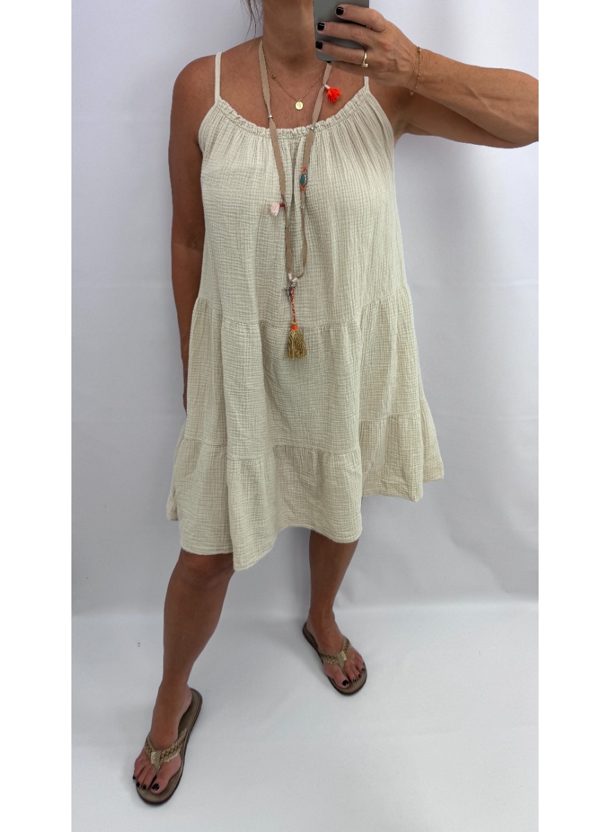 Mouwloze stroken jurk van wafel katoen Kaylee beige. SALE