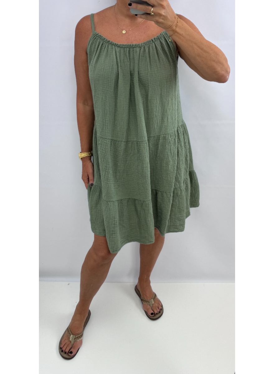 Mouwloze stroken jurk van wafel katoen Kaylee army. SALE