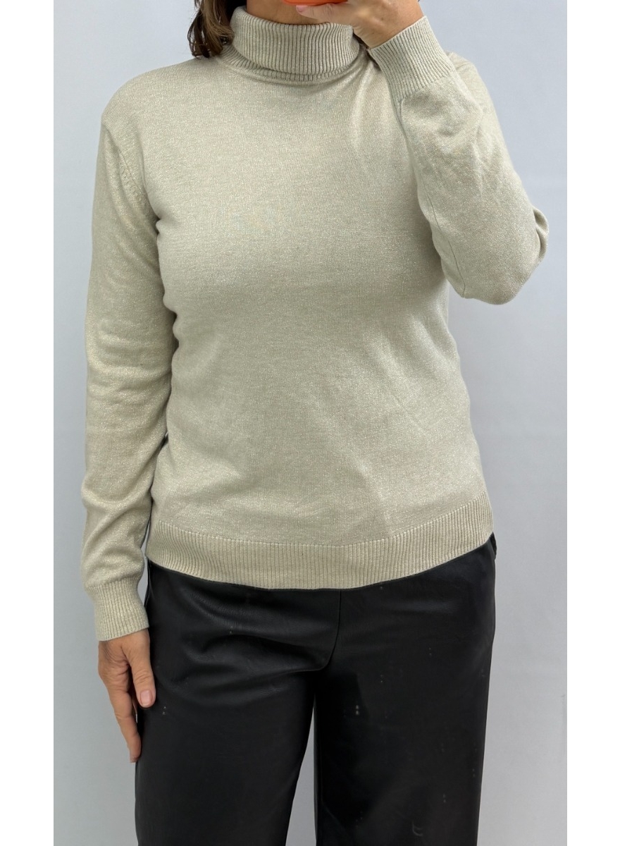 Basic coll trui met lange mouw en GLITTER beige 