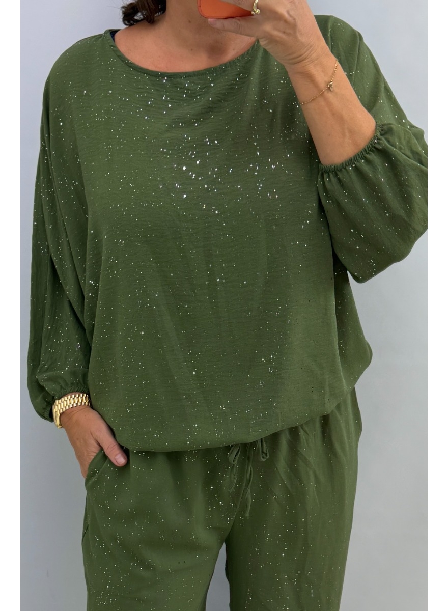 Blouse met VLEERMUIS mouw en sprinkled glitter army SALE