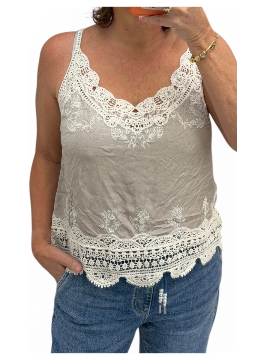 Top in satijn-look met kanten afwerking Fien taupe