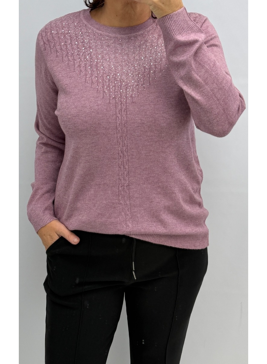 Trui met kabel detail en strass steentjes donker lila (LC-9230) SALE