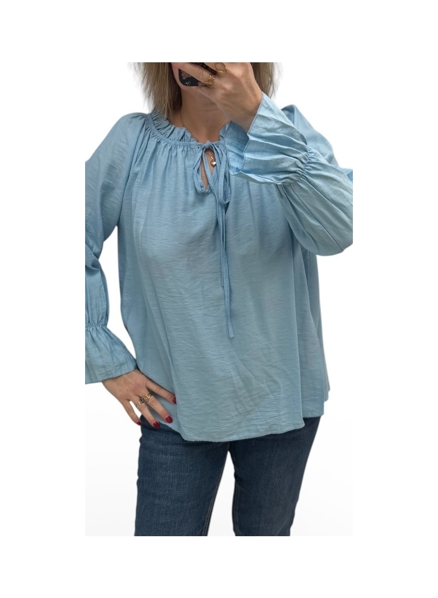 Blouse met koord en ruffle hals Irene blauw