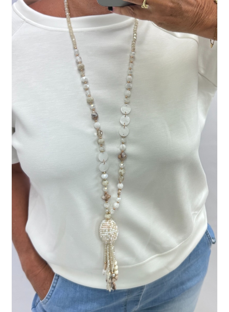 Ketting met facet geslepen kralen en flosje beige (240690)