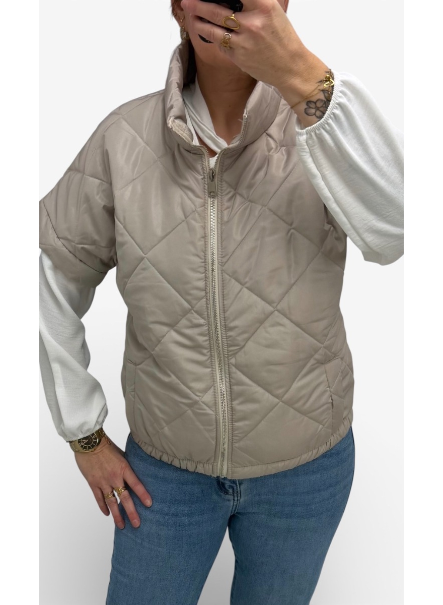 Bodywarmer met ruit en ZILVEREN rits beige
