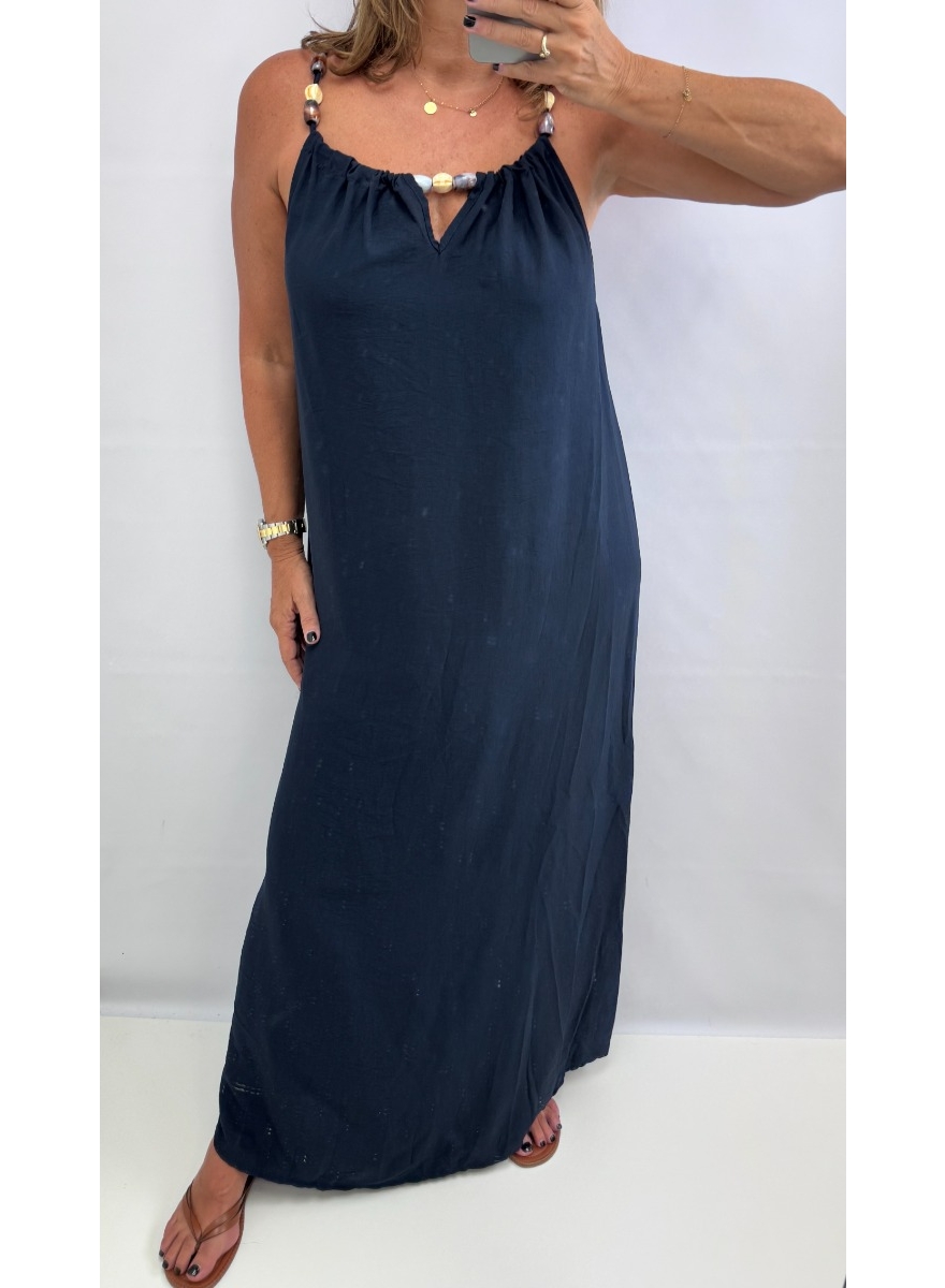 Lange mouwloze jurk met kralen aan de hals ZONDER ZAKJES donker blauw