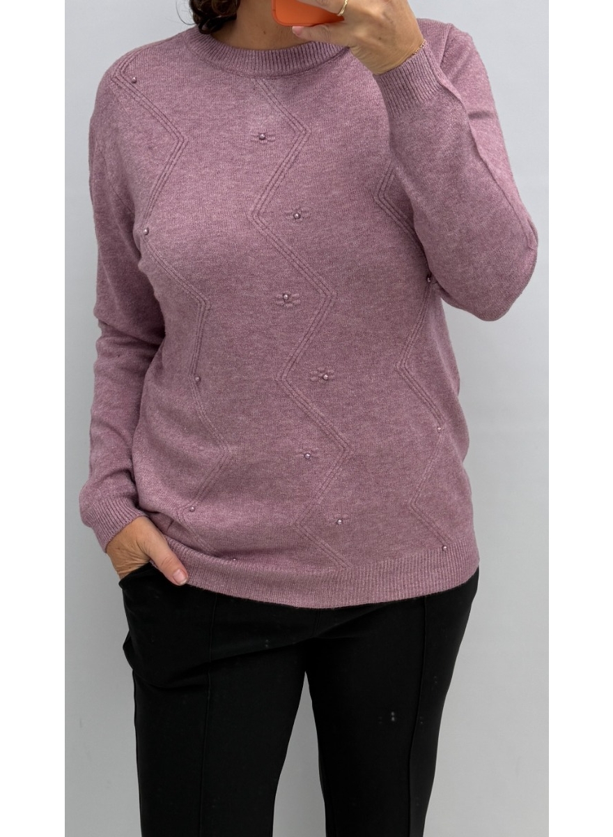 Trui met ronde hals en parels oud roze (LC-9220) SALE