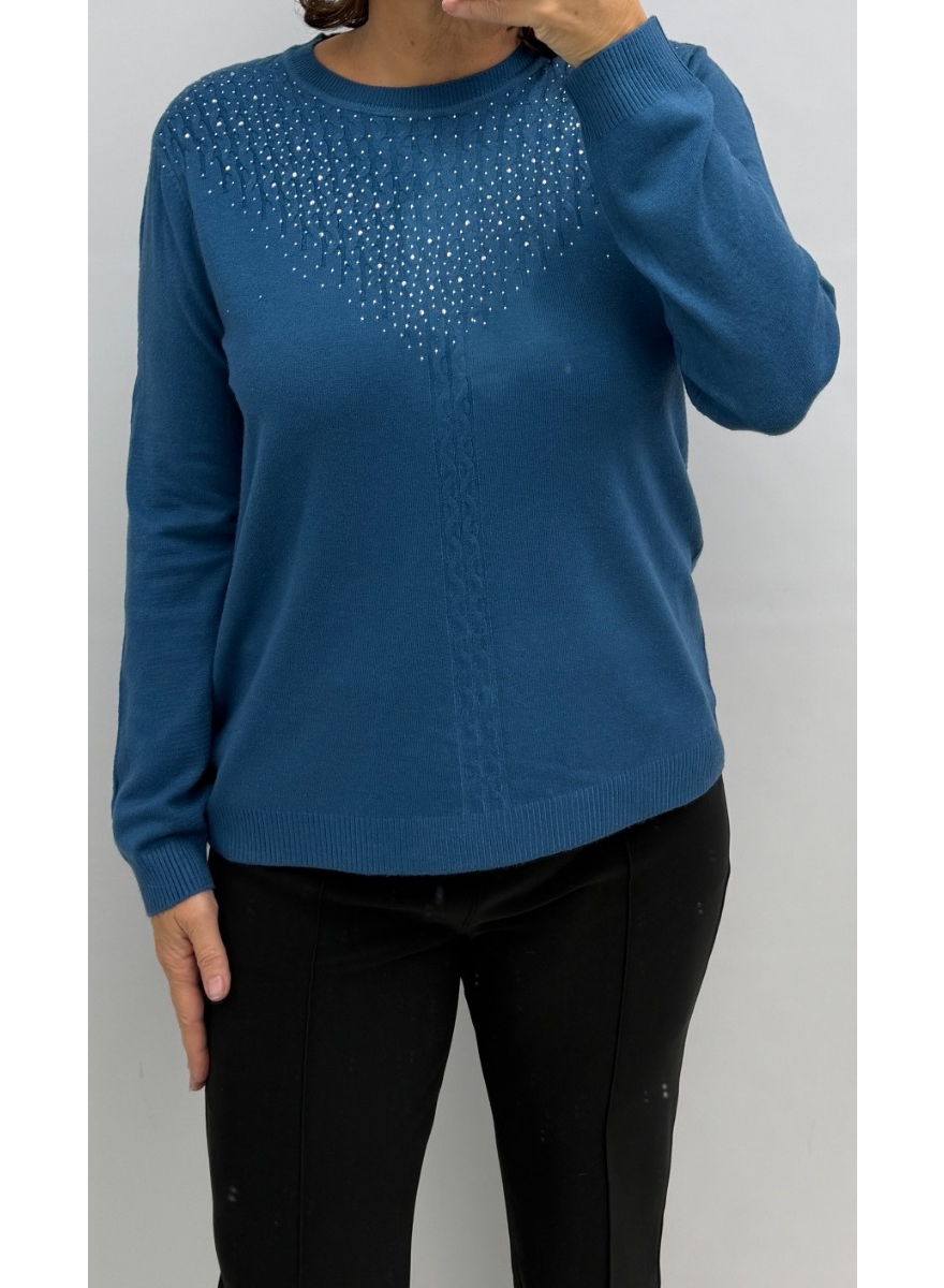 Trui met kabel detail en strass steentjes petrol (LC-9230) SALE