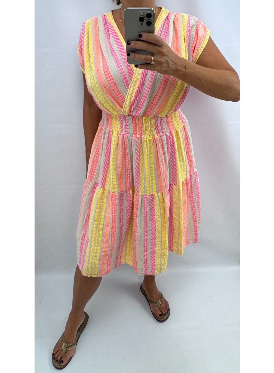 MIDI jurk met smock in de taille Sanna aztec beige.  SALE