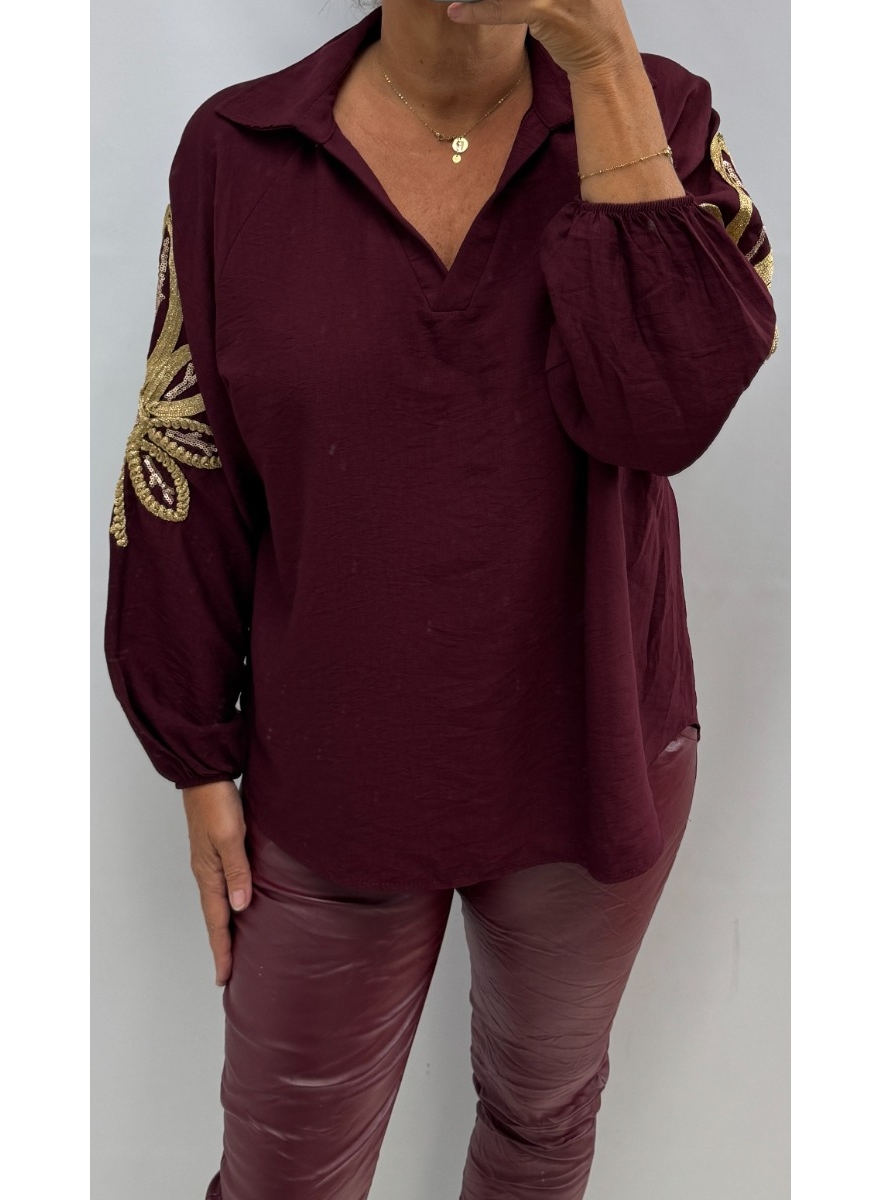 Blouse met kraag en GOUD detail Marlo wijnrood