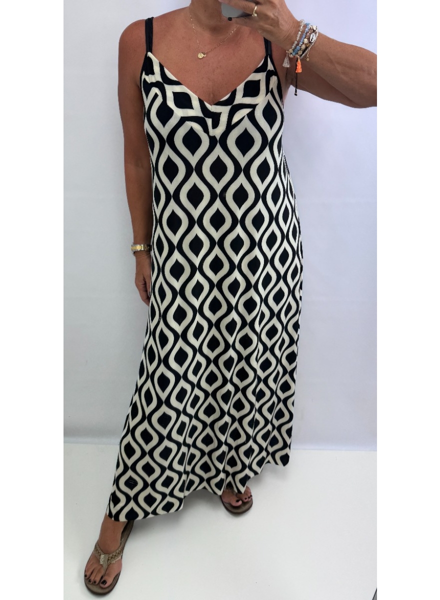 Travelstof jurk met spaghetti bandjes Ava retro zwart/creme (SALE)