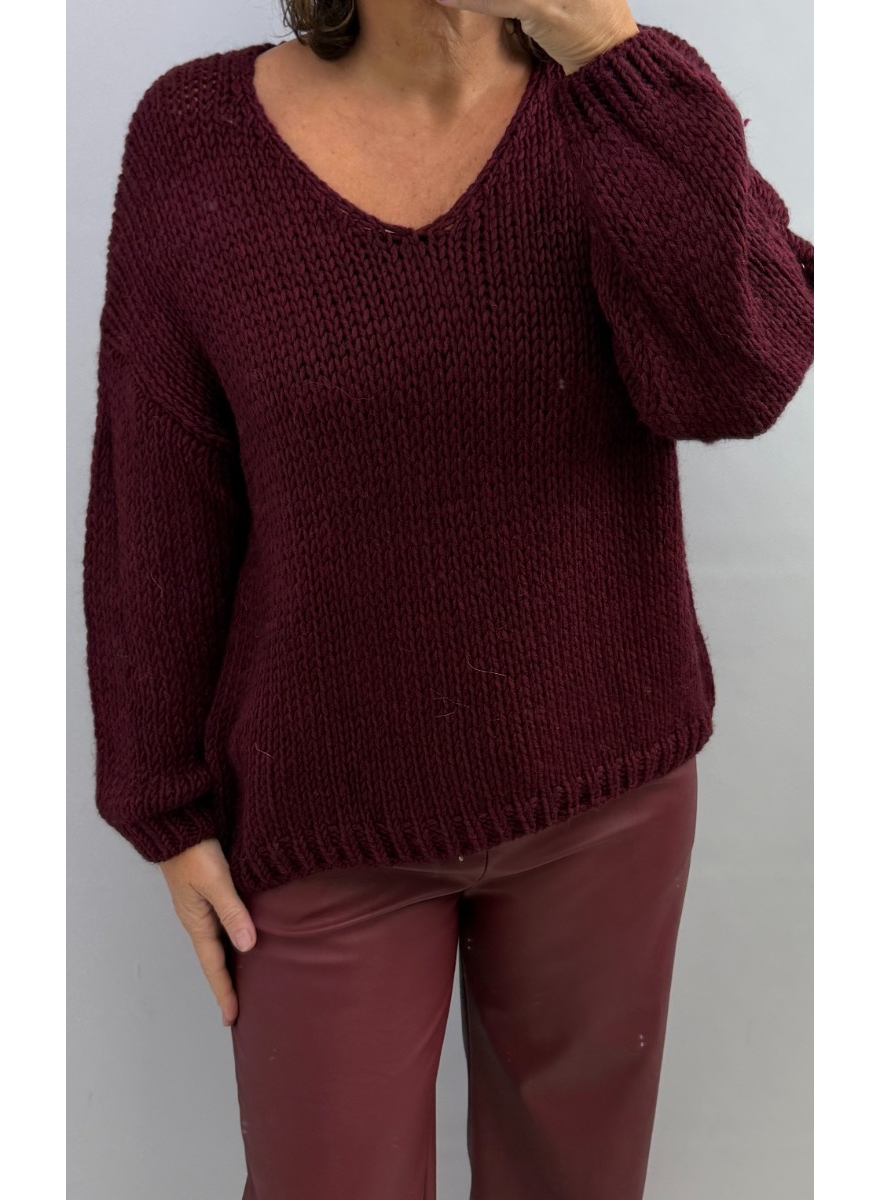 Grofgebreide trui met v-hals Nathalia wijnrood SALE