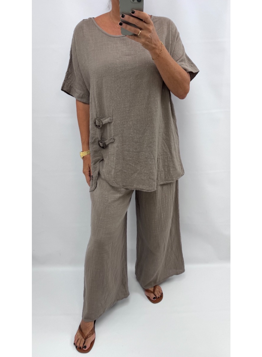 2-delig set van linnen-look met gesp Myra taupe (SALE)