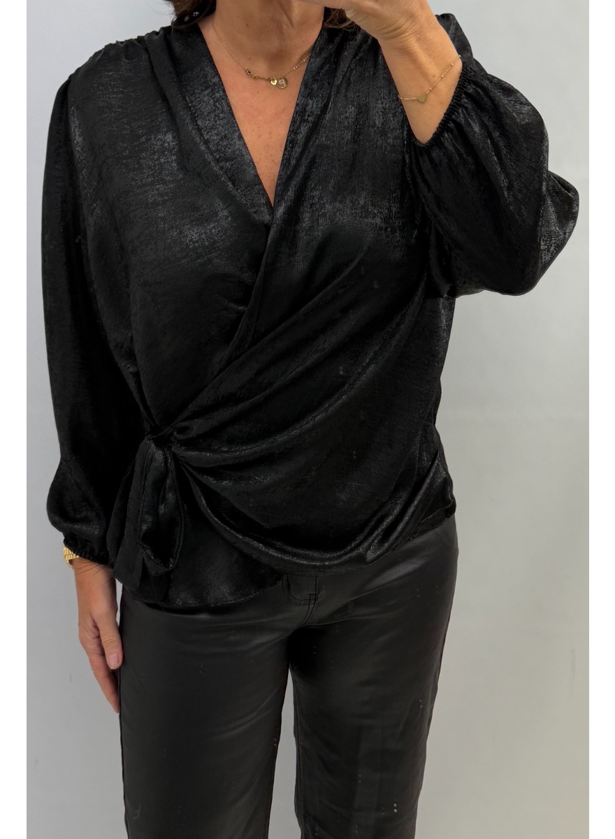 Blouse met glanseffect en overslag Pierette zwart 