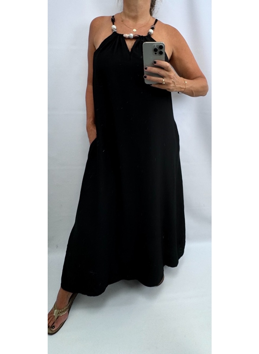 Lange mouwloze jurk met kralen aan de hals ZONDER ZAKJES zwart