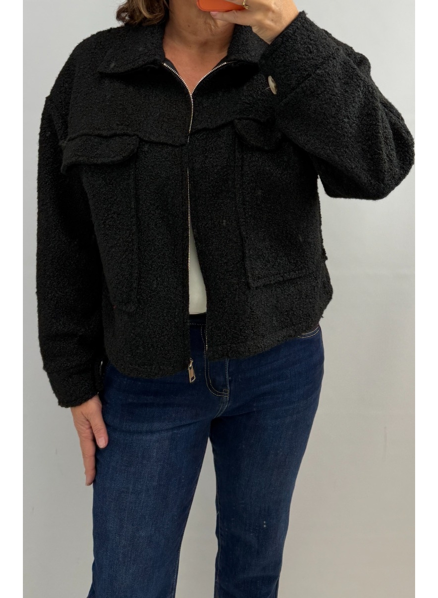 Jas/vest met kraag en zakken Shelly zwart SALE