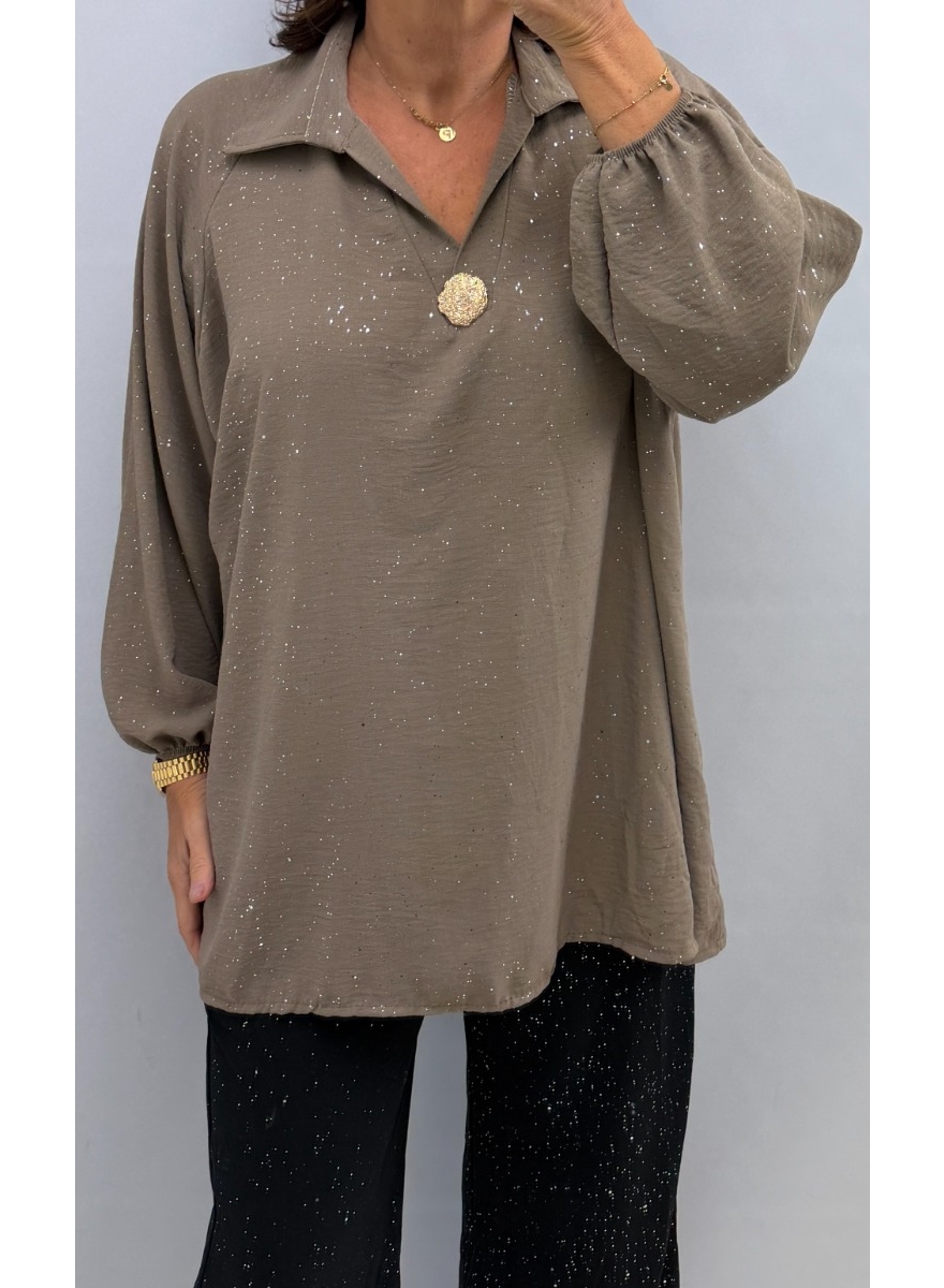 SIZE PLUS blouse met Broche sprinkled glitter taupe SALE