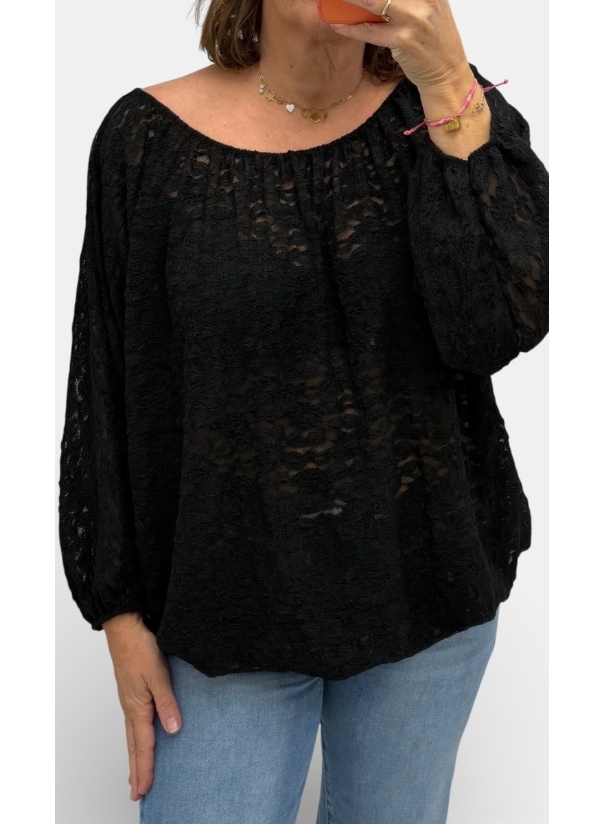Ballon blouse met lange mouw van kant zwart