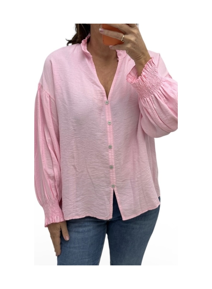 Blouse met opstaande ruffle kraag en smock mouw Wiesje licht roze