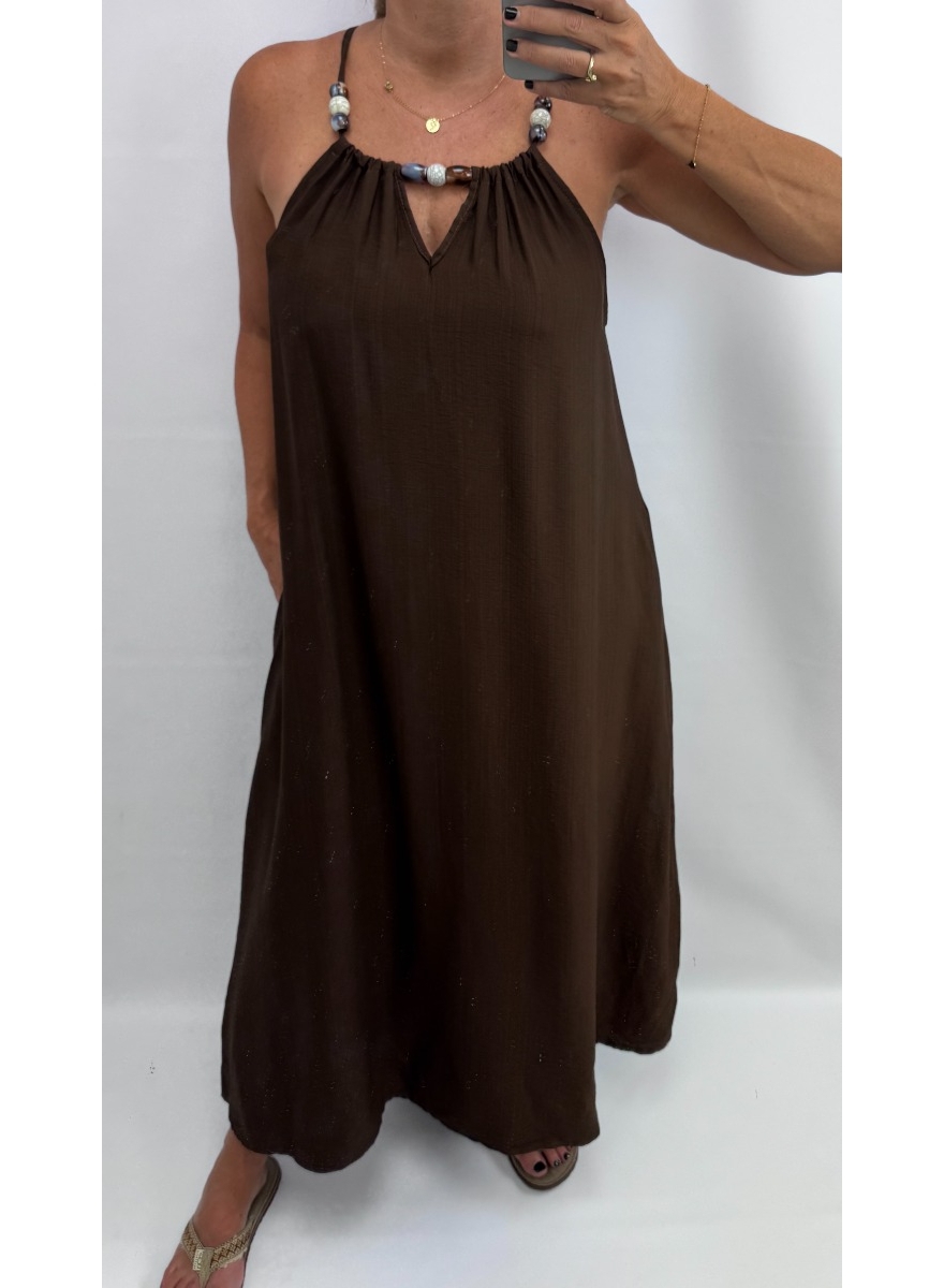Lange mouwloze jurk met kralen aan de hals ZONDER ZAKJES bruin