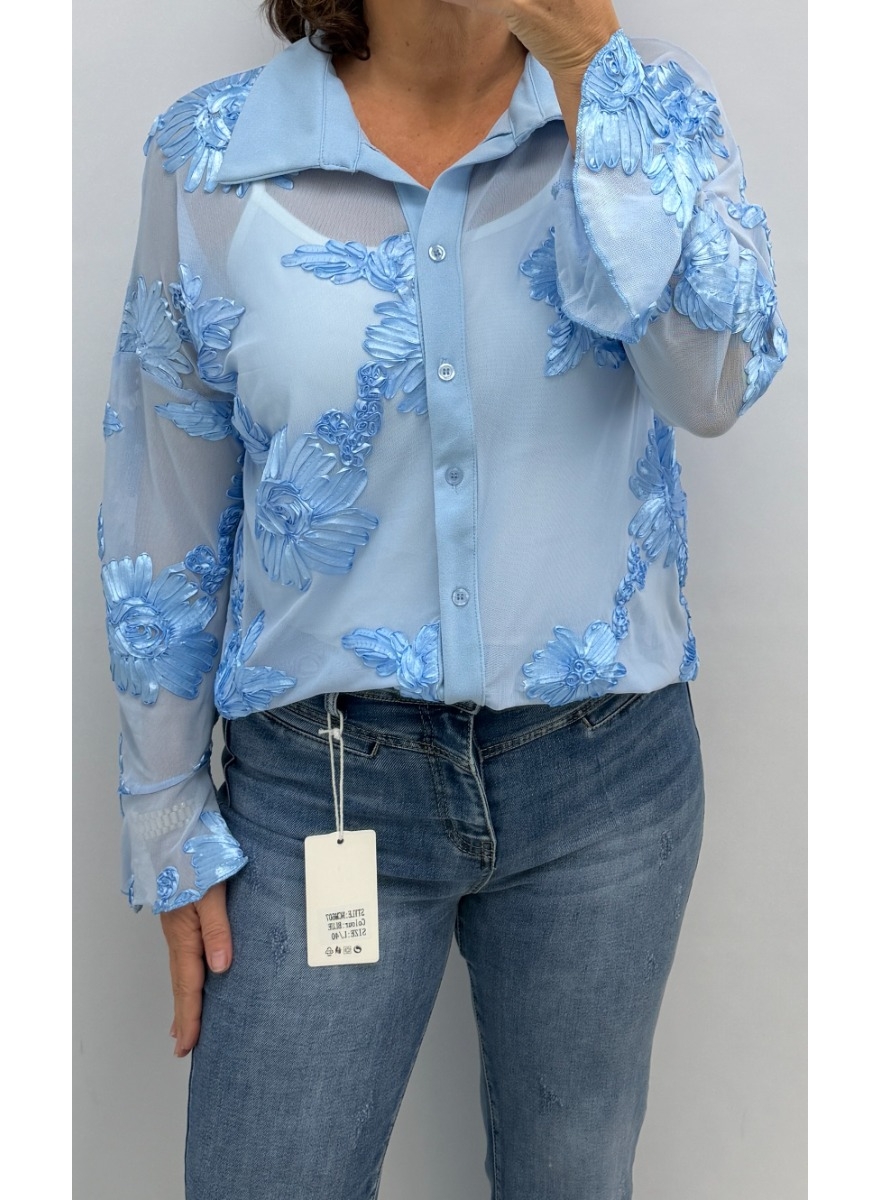 Mesh blouse met KRAAG en bloemen blauw