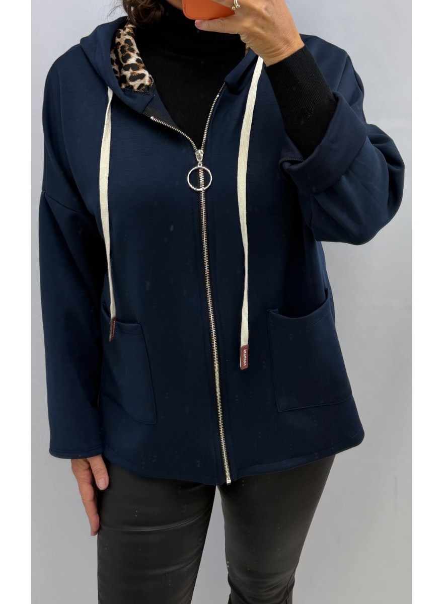 KORTER vest met ritssluiting en panterprint Nel donker blauw