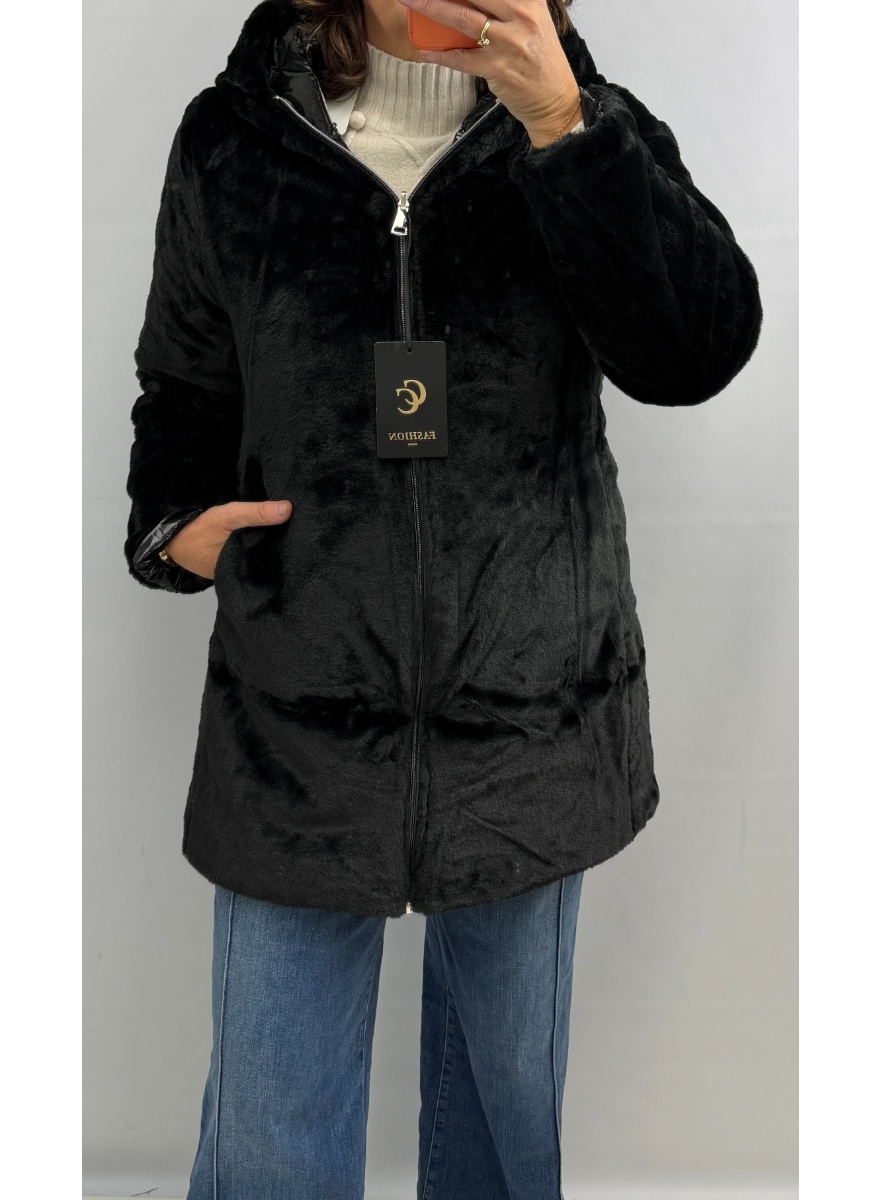 Dubbelzijdige jas met capuchon zwart (K513-1) SALE