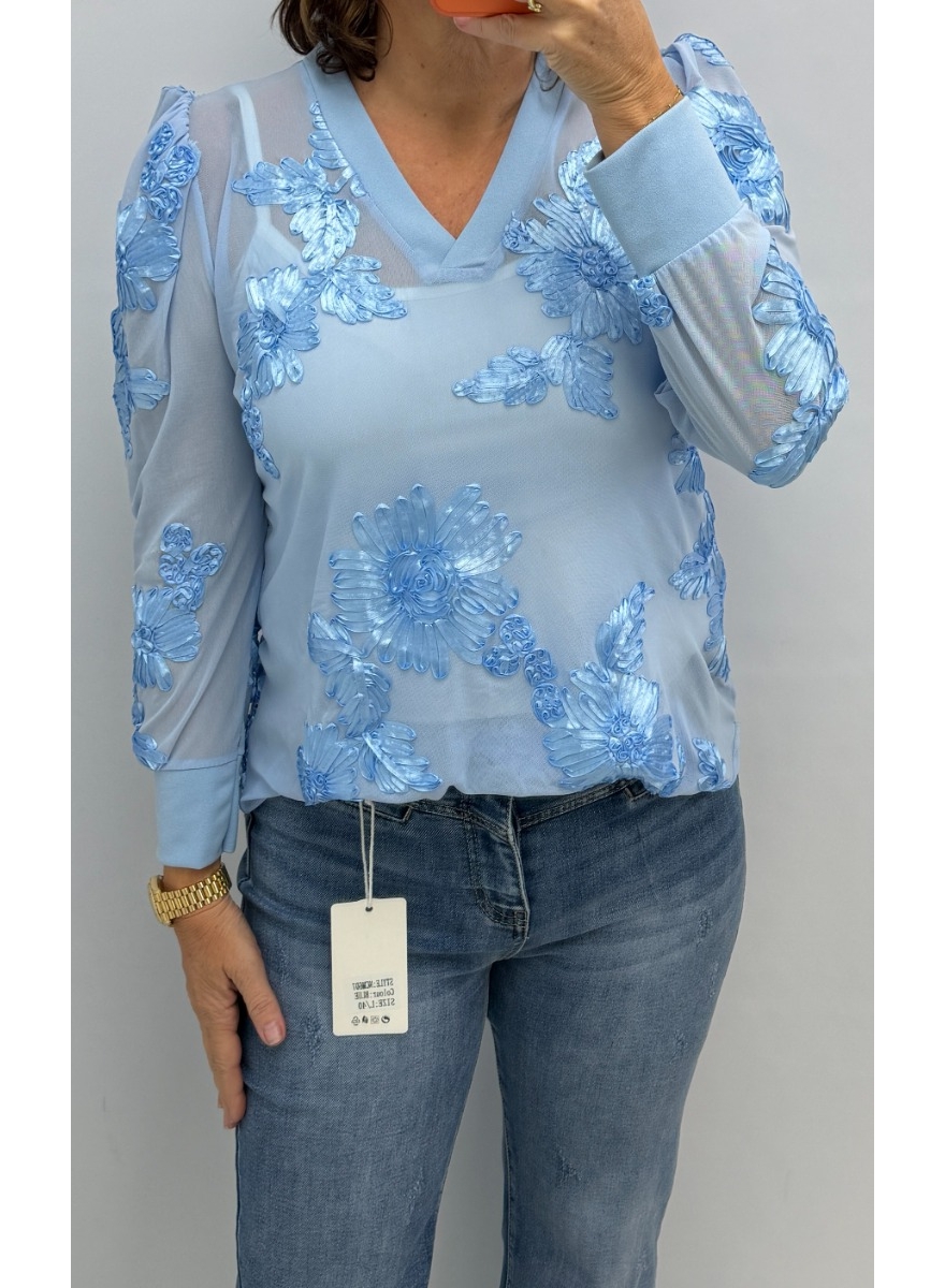 Mesh blouse met V-HALS en bloemen blauw