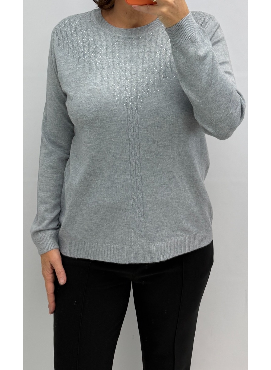 Trui met kabel detail en strass steentjes grijs (LC-9230) SALE