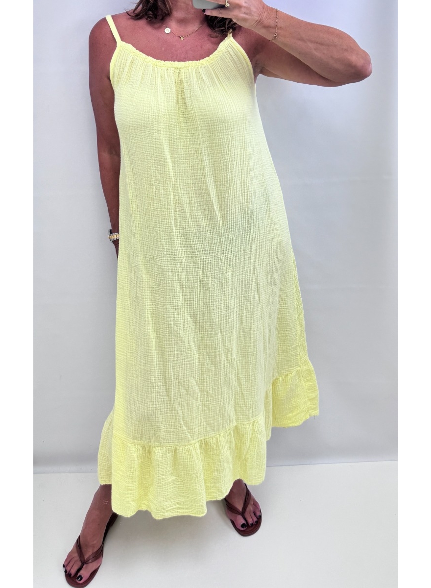Lange mouwloze jurk van wafel katoen Lina UNI geel. SALE