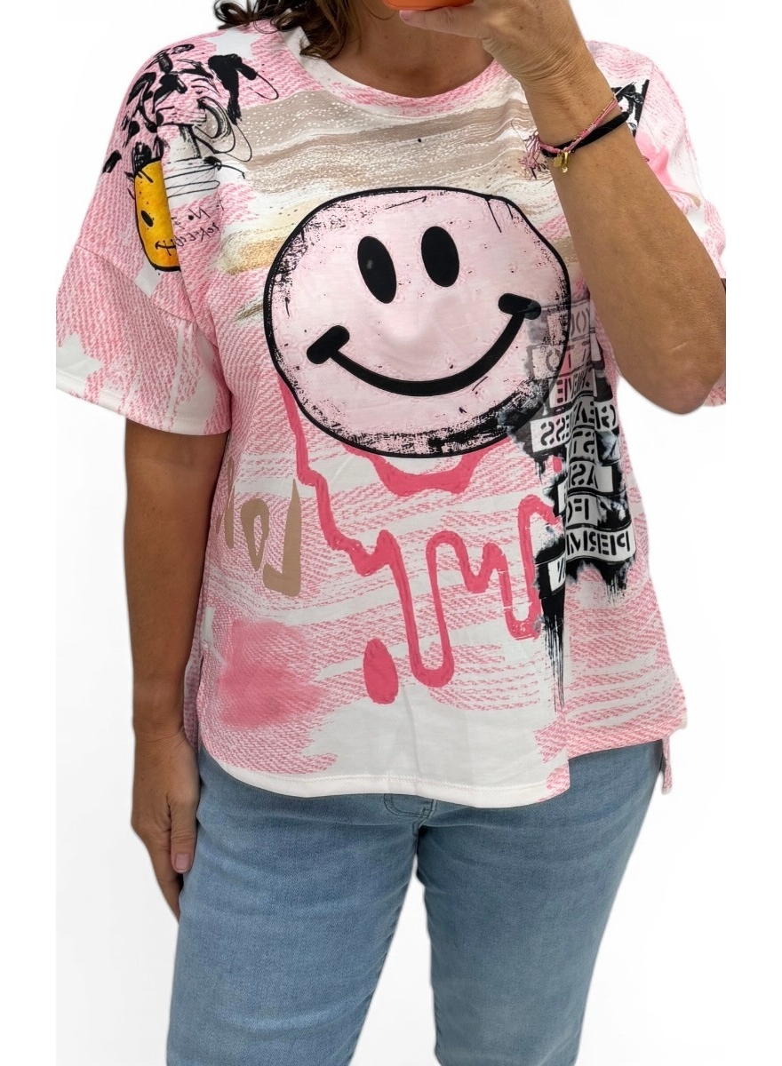 Soft shirt met graffiti smiley roze