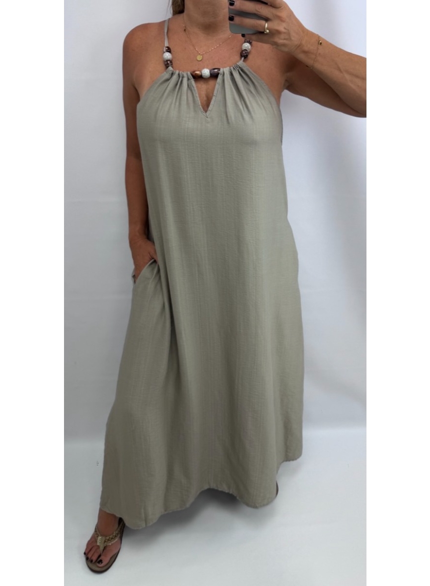 Lange mouwloze jurk met kralen aan de hals ZONDER ZAKJES taupe