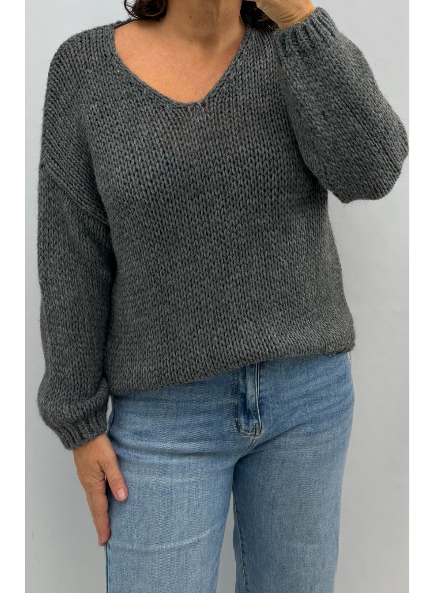 Grofgebreide trui met v-hals Nathalia antraciet SALE