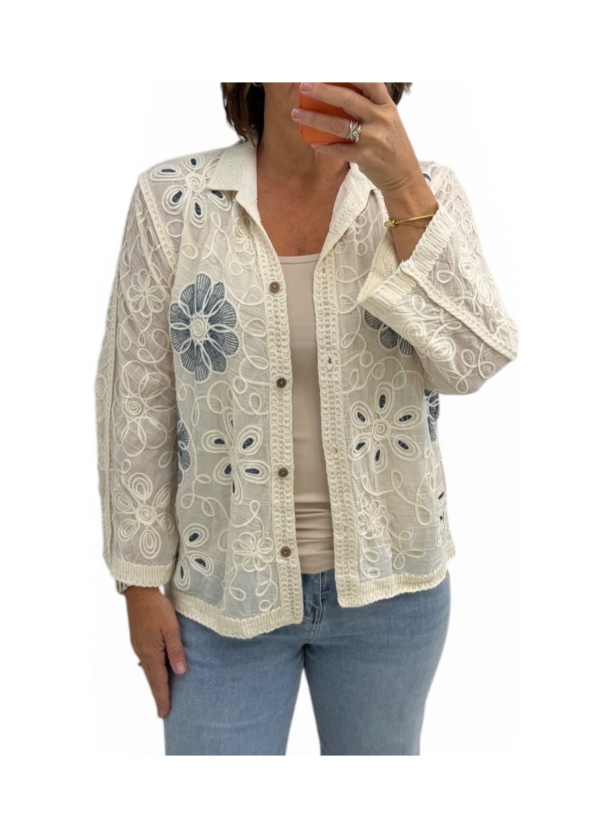 Blouse met knopen en krulmotief bloemen beige/blauw
