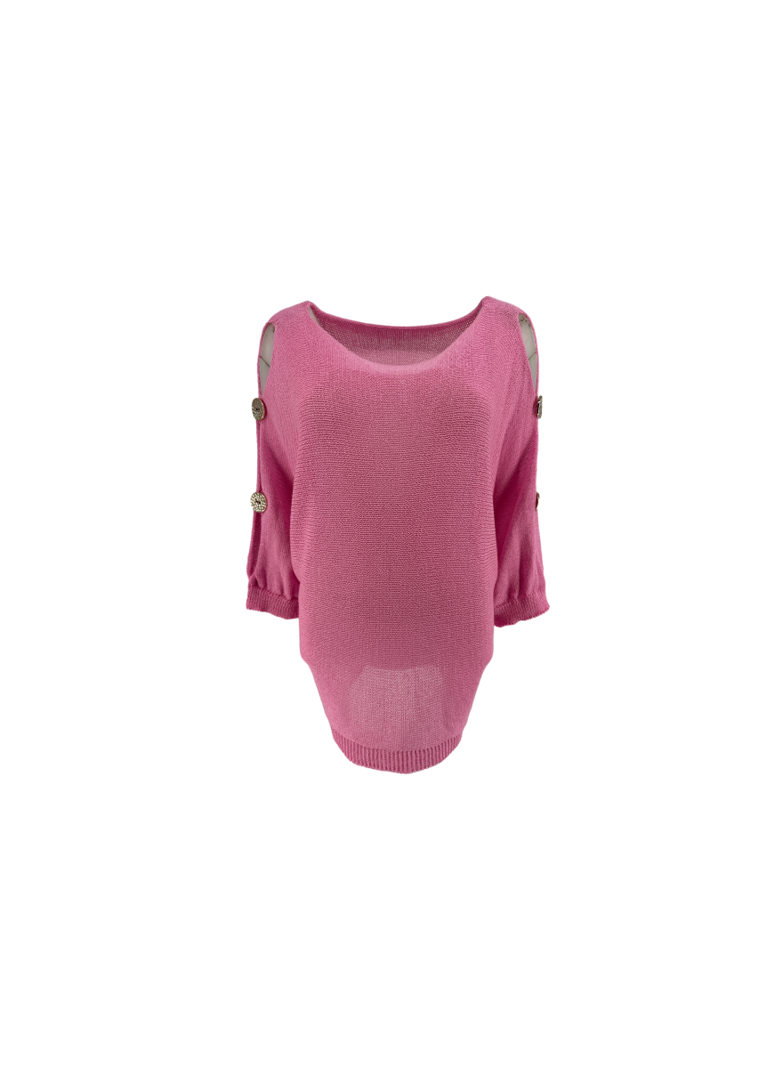 Fijn gehaakte trui met gouden knopen op de mouw roze