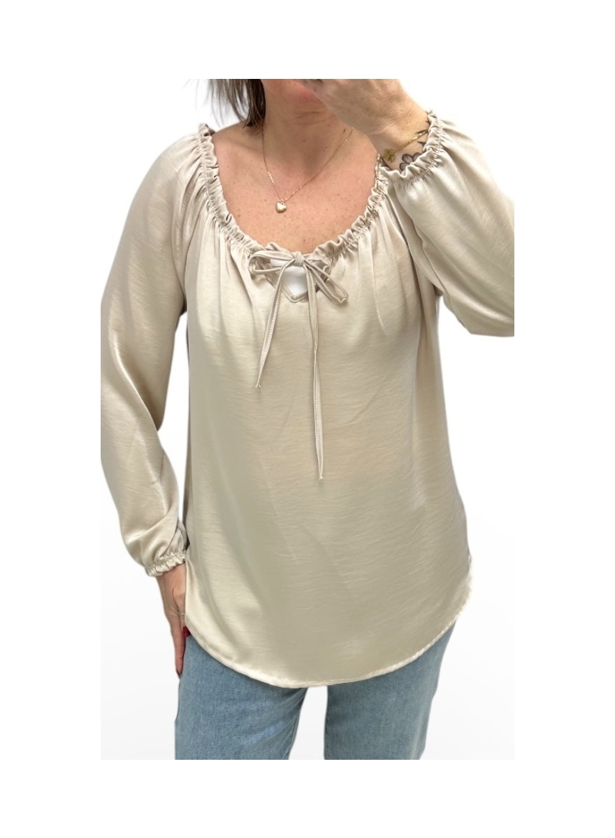 Satijn-look blouse met elastieke in de hals Heidi beige
